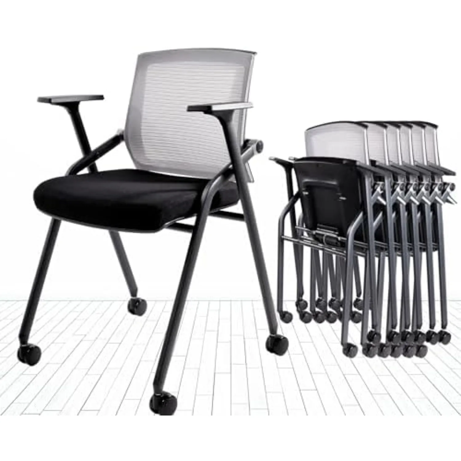 Conference Room Chairs, Folding Office Desk Chair with Lumbar Support and Sliding Armrest with Casters, Stackable