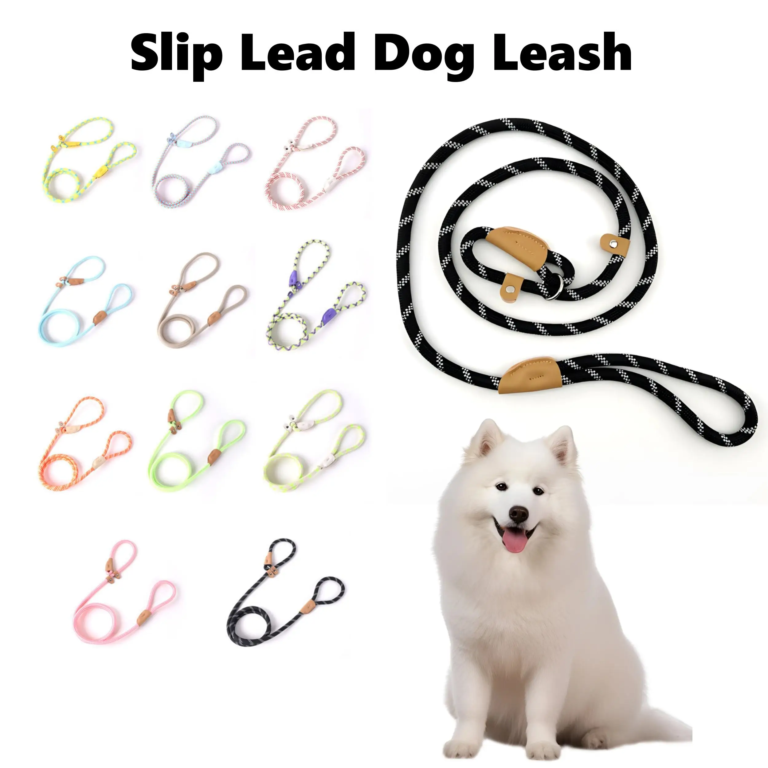 Adjustable Colorful P Rope Dog Collar Harness Nylon Durable Lightweight Dog Leashes for Dogs Pinch Collars Two-in-one Rope Belt