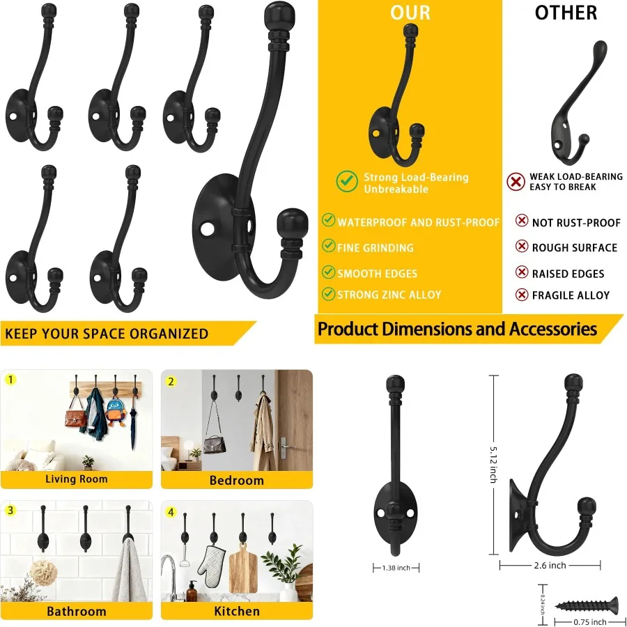 

6 Pack Heavy Duty Wall Hooks for Hanging Metal Coat Hooks Wall Mount Easy to Install Ideal for Living Room Bathroom Kitchen Bed