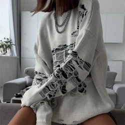 Women's Retro New Perforated and Lazy Style Knitted Top Long Sleeves for Warmth and Loose Fitting Sweater Casual Fashionable