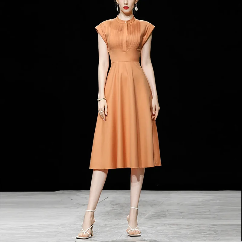 Robe chemise sans manches Orange mi-longue pour femmes, vêtements professionnels de travail de haute qualité, nouvelle mode d'été 2024