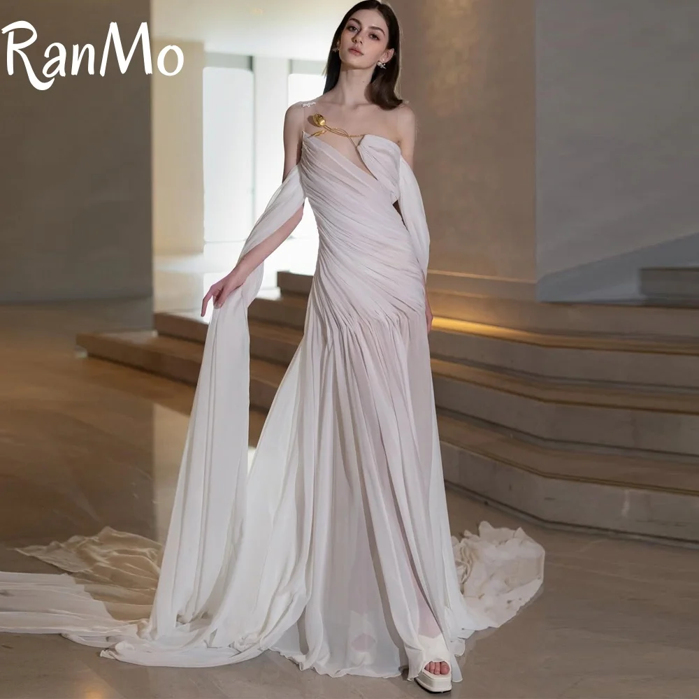 

Ranmo индивидуальный асимметричный драпированный шифоновый складок на одно плечо, новый лиф с вырезом на талии и рюшами, силуэт русалки, удлиненный шлейф