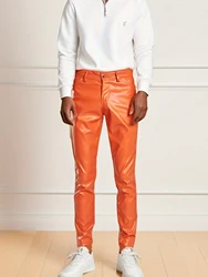 Lightweight men's orange leather pants, suitable for Spring and Summer, fashionable and slim fit, mens leather pants