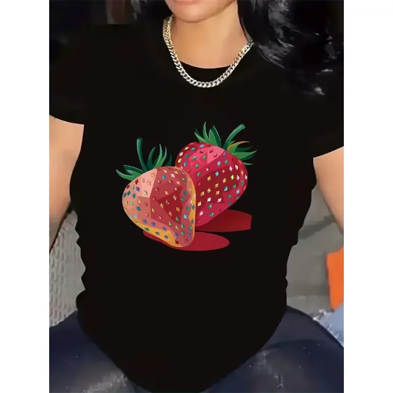 Geometric Colorful Strawberry Print Women's T-Shirt Casual Crew Neck Short Sleeve Modern Abstract Fruit Art Top for Summer