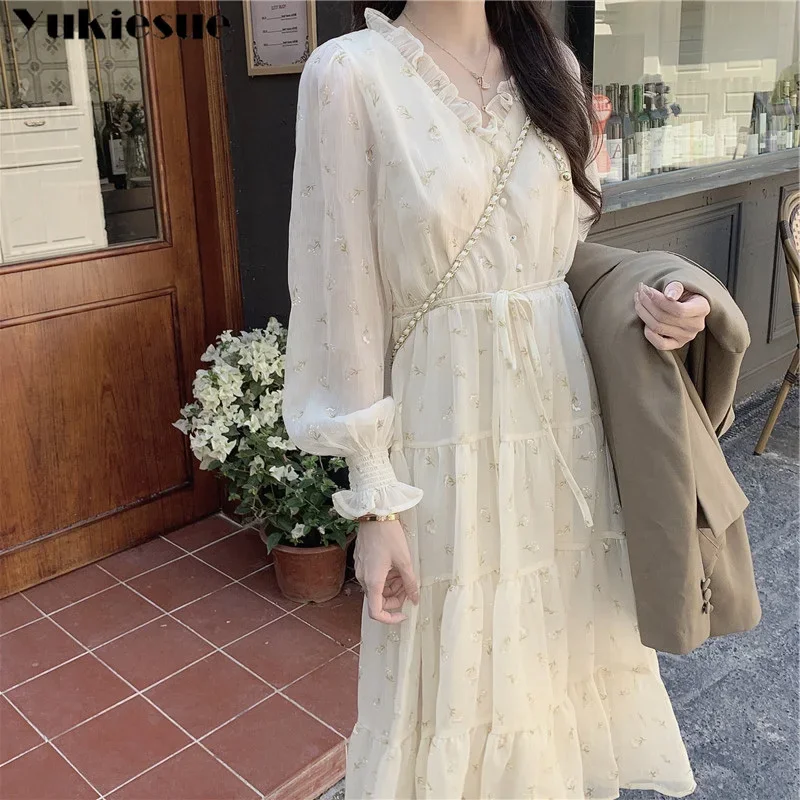 

Korean Style Leisure Sweet Gentle Midi Cupcake-dress Holiday Vestidos Dresses Women Summer V-neck Ruffles Tender Sweet Girlish