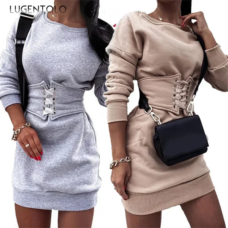 Women Sexy Dress Slim Strappy Waist Bandage Long Sleeve Spring Ladies Casual Solid Round Neck Mini Cloth