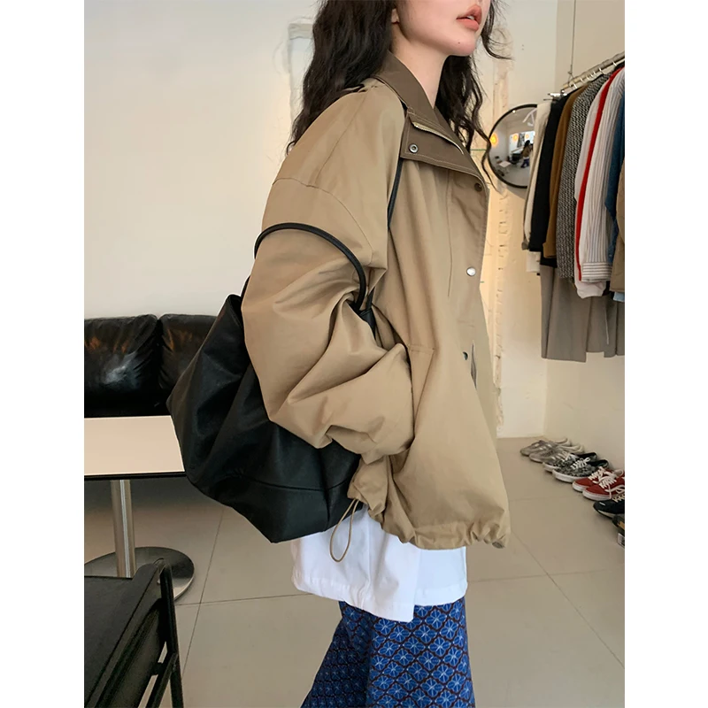 2 ألوان فضفاضة الكورية نمط المرأة سترة ملابس خارجية الخريف 2025 أناقة سستة شيك كم طويل بلايز أنثى (ww1746