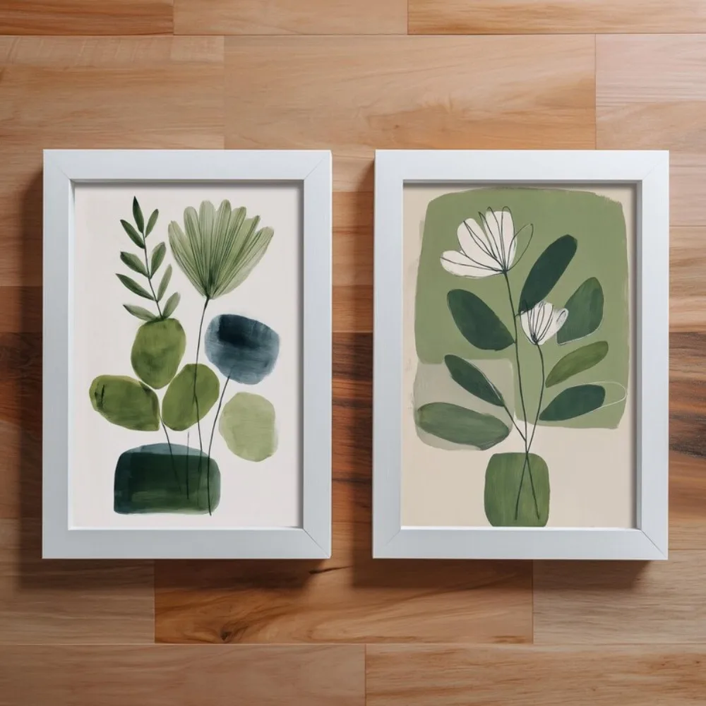 2 Pieces of Frameless Sage Green Plant Wall Art, Abstract Flower Wall Decoration, Digital Download, Bohemian Home Decoration