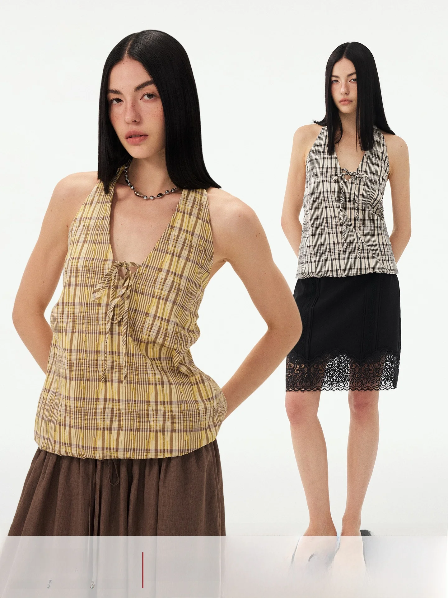 DIDDI MODA Women's Plaid Deep V Neck Backless Top Summer 2026 New Style Hanging Neck Design Black White Grid Shape Shirt