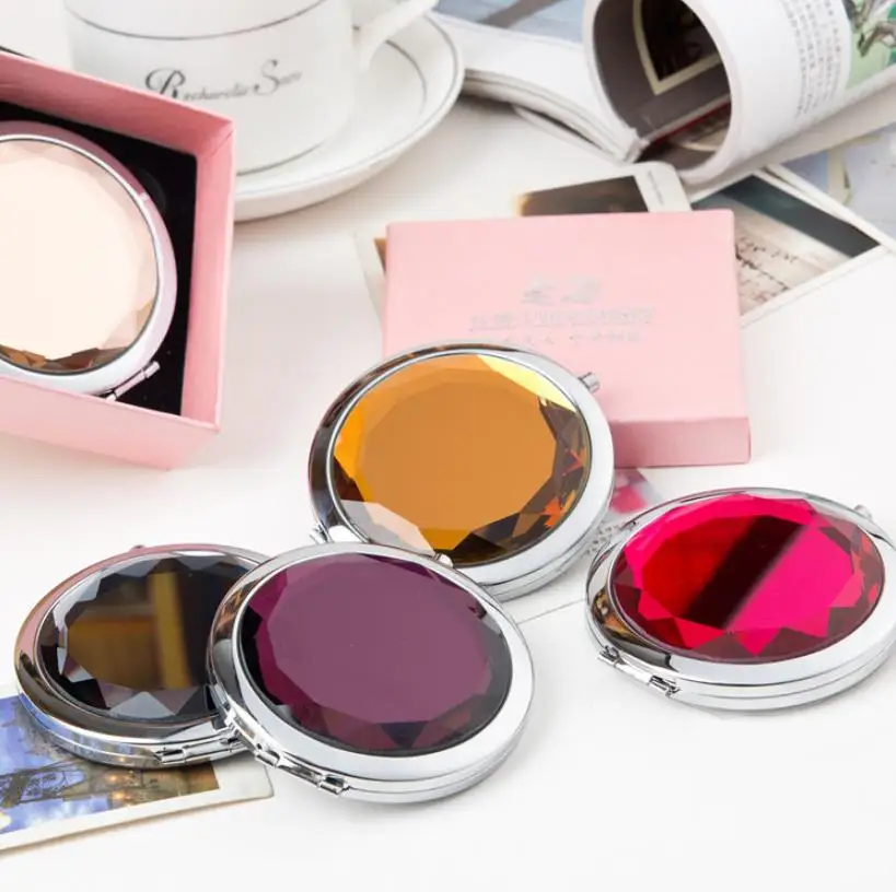 

100 шт., 7 см, складное зеркало для макияжа, компактное зеркало с кристаллами, металлический карман, свадебные подарки для гостей, косметическое зеркало ni578