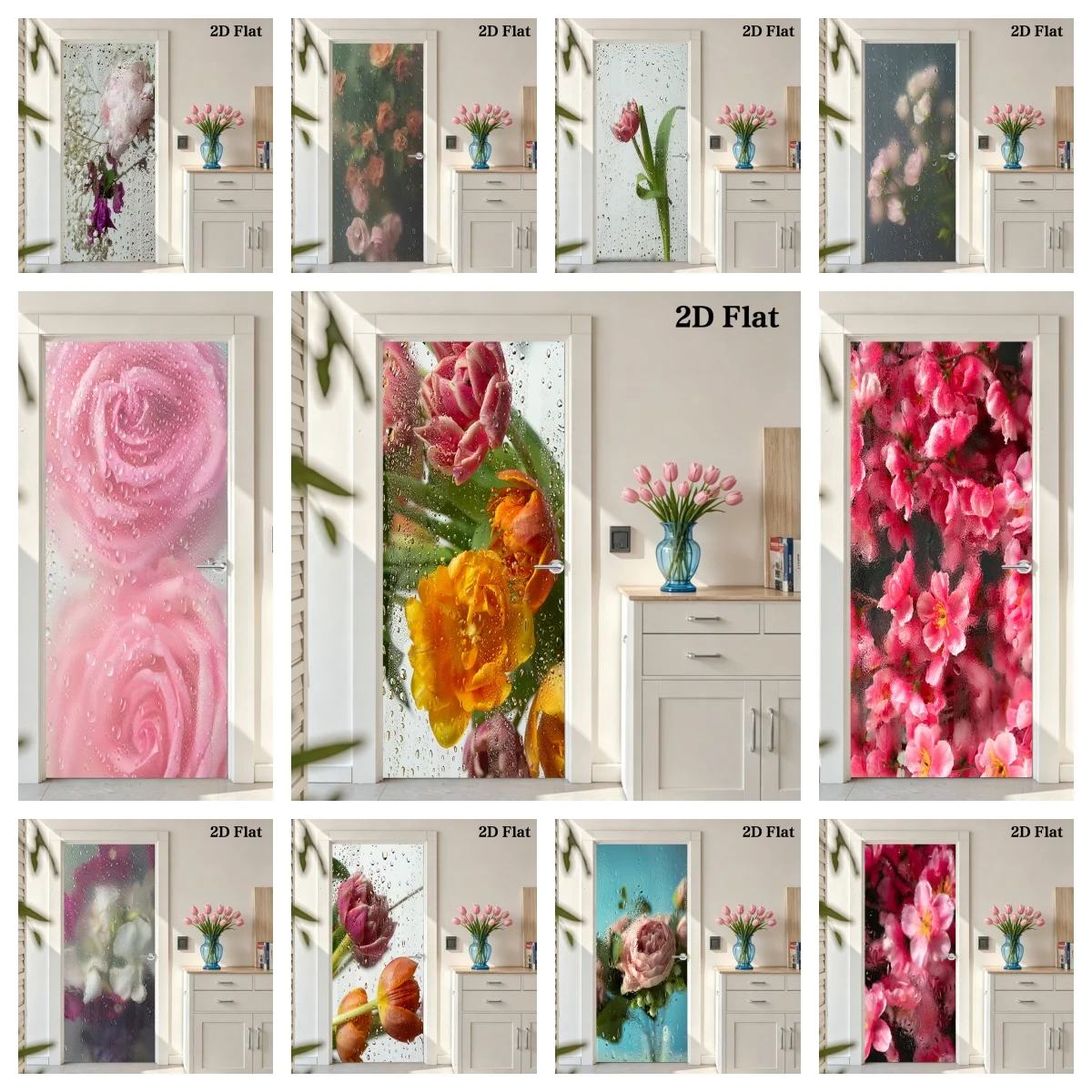 Water Drop Glass Floral Doors Stickers Full Door Covered Wallpaper Self-adhesive Sticker for Wall Decals Home Decoration