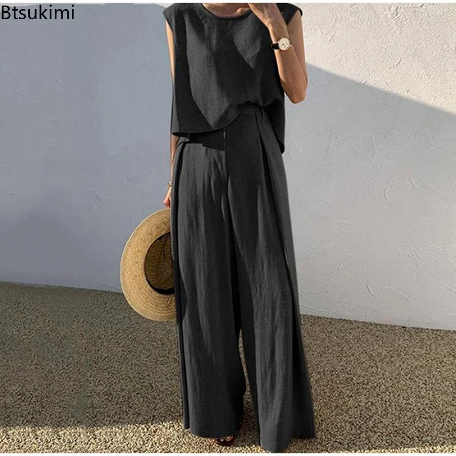 New 2024 Women's Summer Cotton Linen Two Pieces Sets Elegant Solid Casual Sleeveless Tops and Wide Leg Pants Sets Female Sets