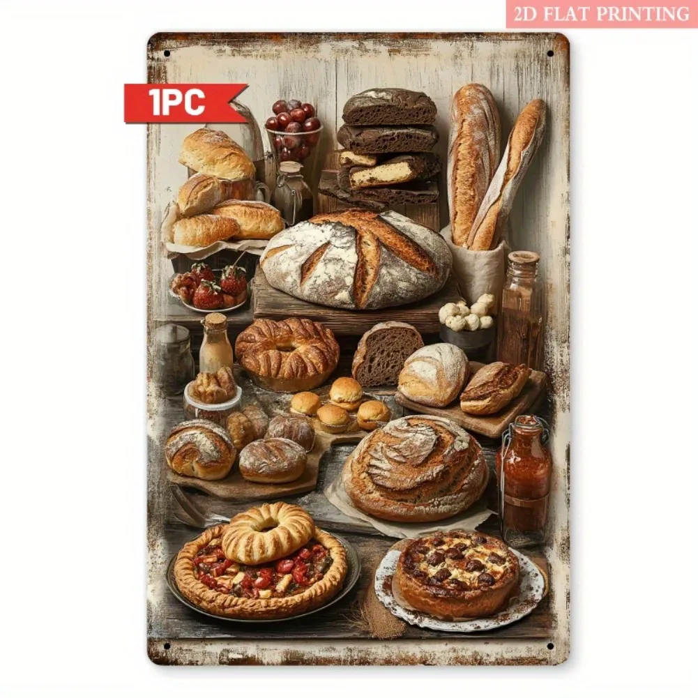 2D Flat - Vintage Bakery Metal Wall Art Sign - 8x12 Inch Iron Decor with Assorted Pastries & Bread, Rustic Farmhouse Style