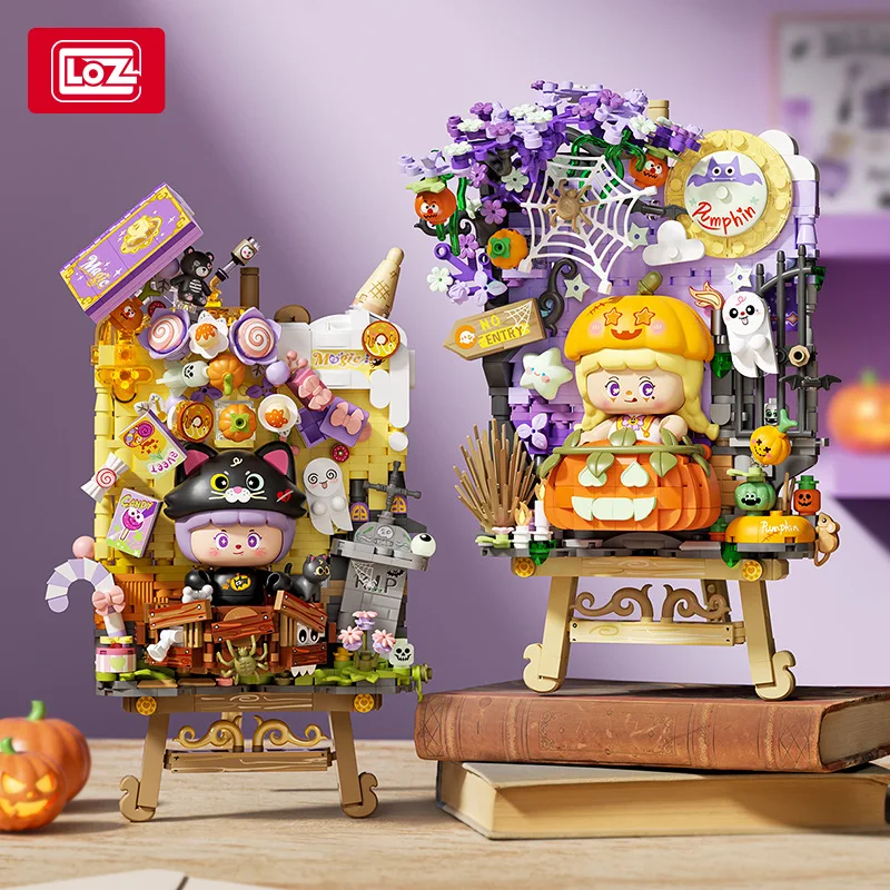LOZ children's small particle building block toy model assembly pumpkin 3D painting black cat 3D painting toy holiday gift