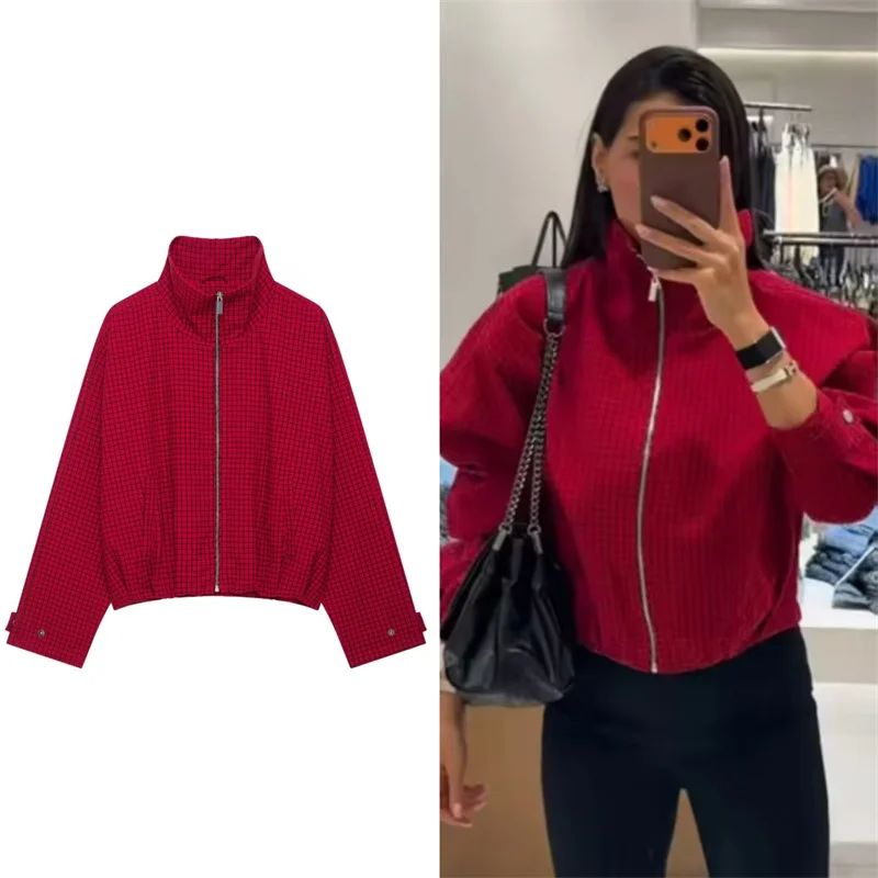 Guobioziy 2026 Autumn New Women's Jacket Red Plaid Long-Sleeve Loose Jacket Parka Personalized Fashion