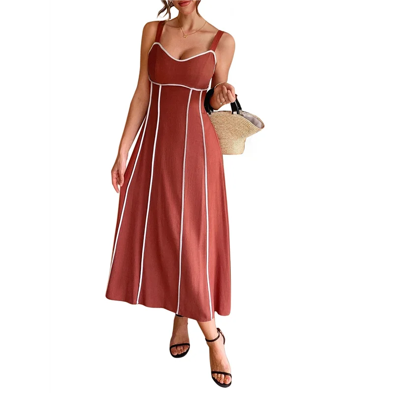 ABRT-Vestido maxi listrado feminino com alça espaguete e corte longo e fluido