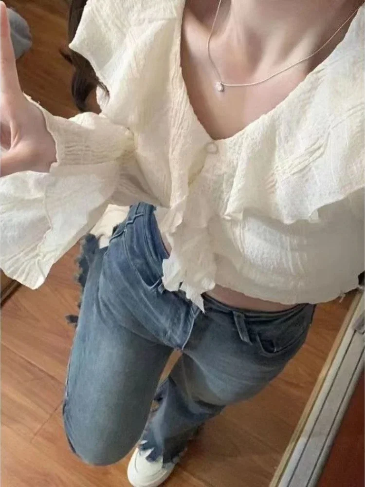 

2025 Blusas Mujer De Moda Korean Blouses For Women Long Sleeve Ruffles Sweet Shirts Crop Tops Chic Summer Single Breasted Blouse