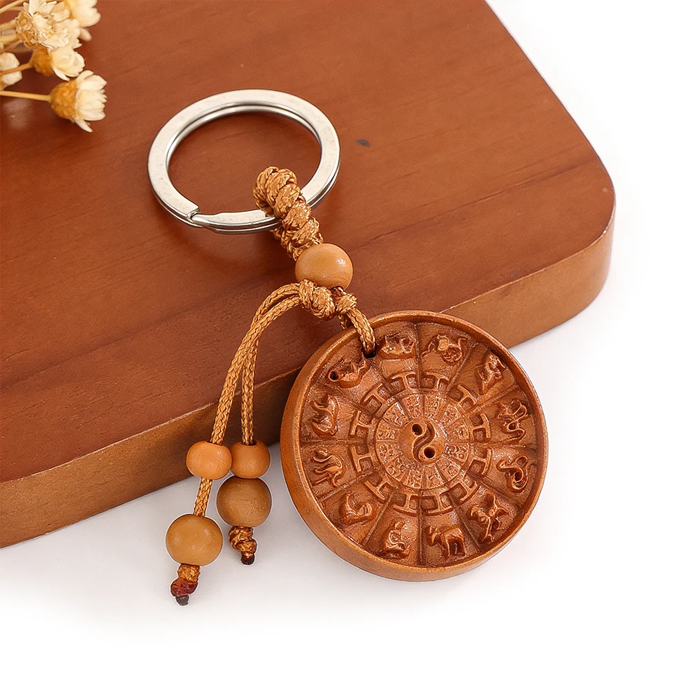 Retro Chinese Zodiac Pendant Keychain Peach Wood Carving Taoist Yin Yang Taiji Auspicious Amulet Car Key Ring Accessory Gift