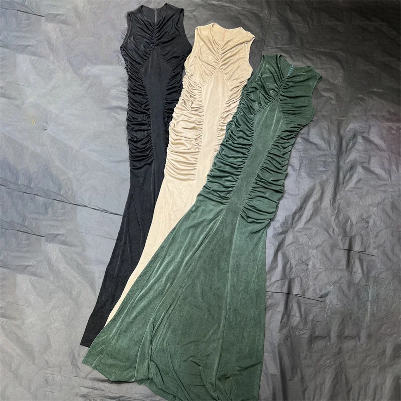 

Женское платье. Новые эластичные трикотажные длинные платья без рукавов на лето 202. Плиссированные облегающие платья миди с круглым вырезом. Вечерние платья.