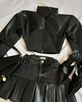 여성용 투피스 세트, Y2K PU 가죽 스플라이싱 데님 블랙 스커트 세트, 하라주쿠 고딕 섹시 지퍼 재킷 미니 스커트, 신제품