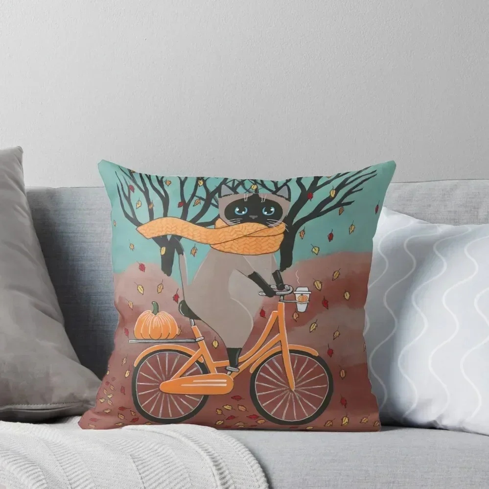 Autumn Siamese Cat Bicycle Ride Throw Pillow Marble Cushion Cover Couch Pillows pillow