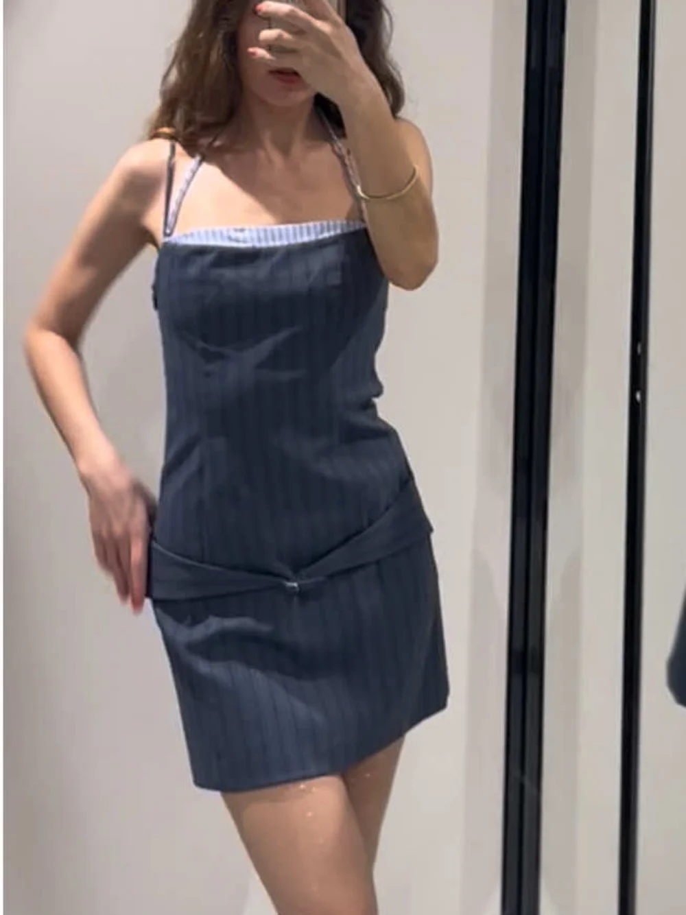 

Women's new fashion With belt contrasting color splicing striped mini dress retro sleeveless Thin shoulder strap women's dress