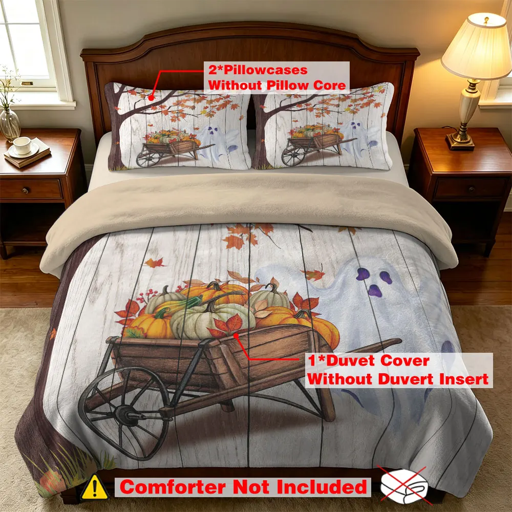 3PCS Autumn Ghost Pumpkin Trolley Milk Velvet Bedding Set No Filling 1 Duvet Cover 2 Pillowcases Soft Warm Winter Household B