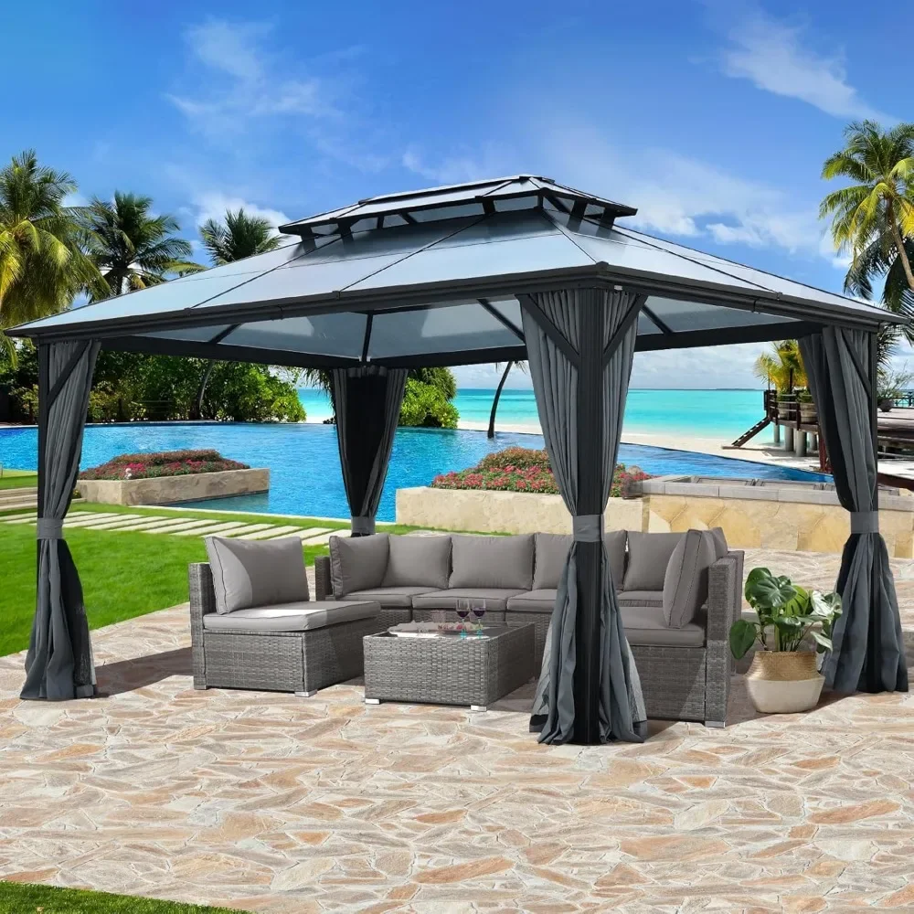 

Hardtop Gazebo with Curtains and Netting, Double Roof Outdoor with Polycarbonate Canopy, Aluminum Frame