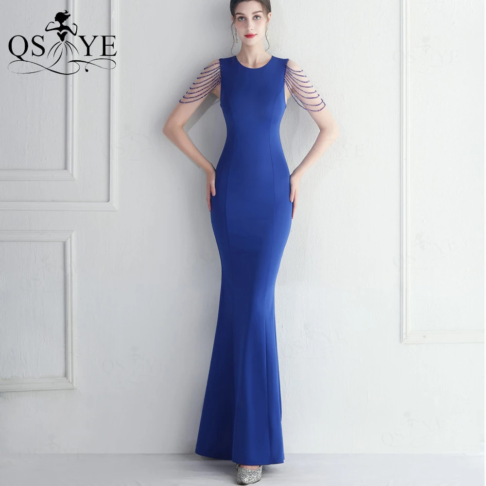 

Simple Royal Blue Prom Dresses 2023 Beading Sleeves Stretchy Mermaid Evening Gown Long Decent Party Gown Mother Dress for Party