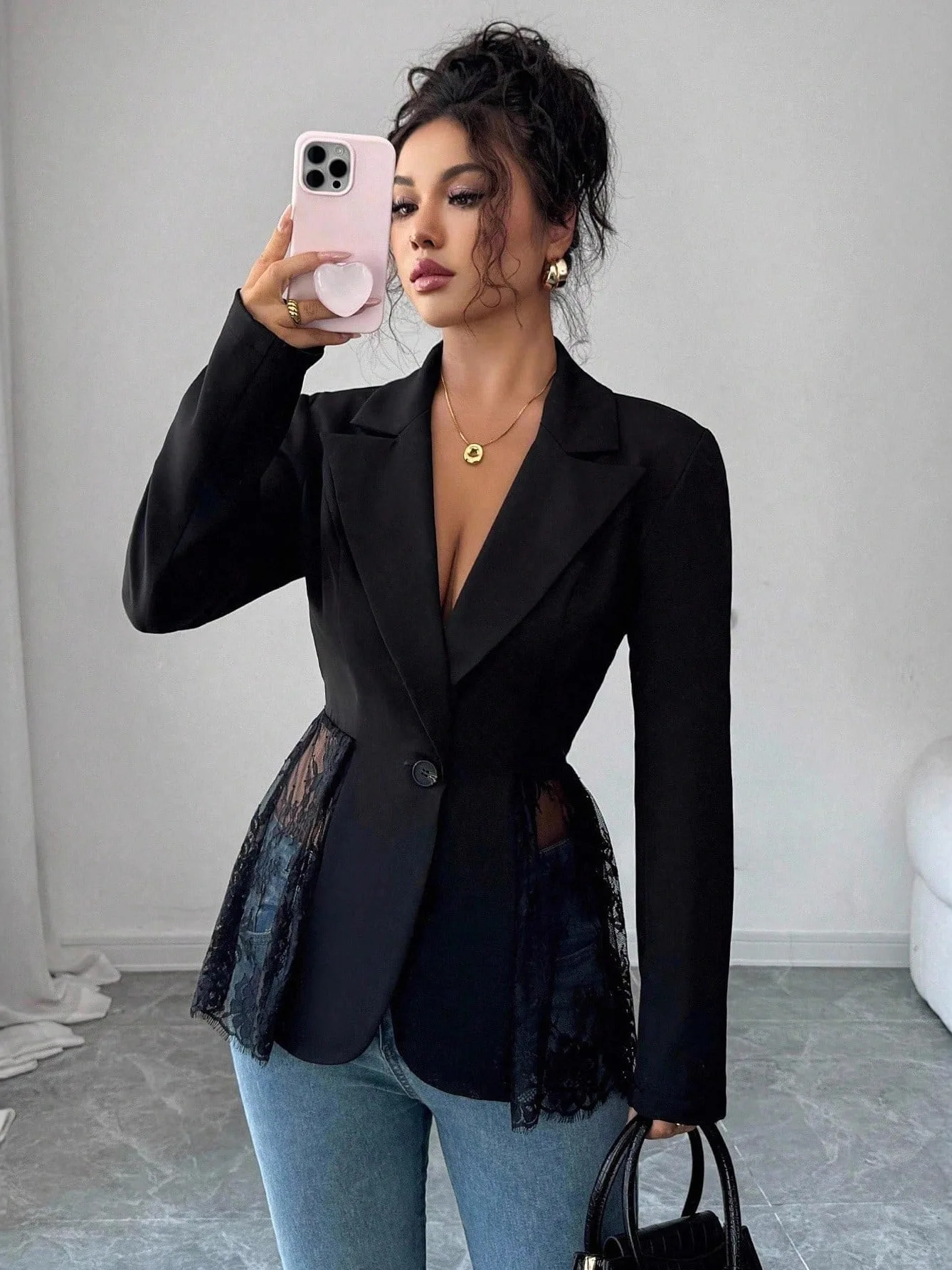 New Elegant Color Block Lace Women's Suit Jacket Slim Fit Waist Design Long Sleeve Polyester Fiber Spring Collection
