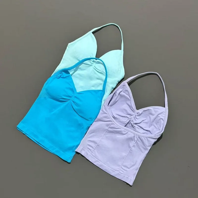 ملابس رياضية للصالة الرياضية للسيدات بدون خياطة لليوجا مع وسادات قابلة للإزالة ورقبة على شكل V رياضية بدون أكمام سترة رياضية للجري واللياقة البدنية #4