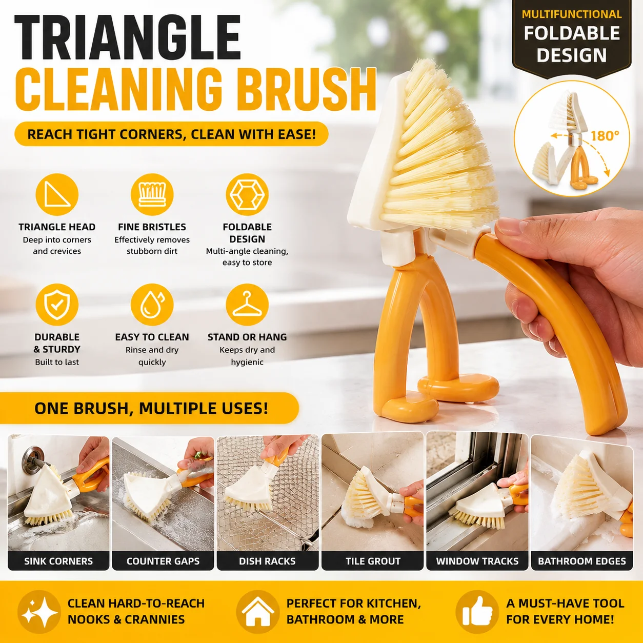 Foldable Cleaning Brush + Triangle Brush + Sink Corners + Tile Grout + Window Tracks + Bathroom Crevices + Dense Bristles