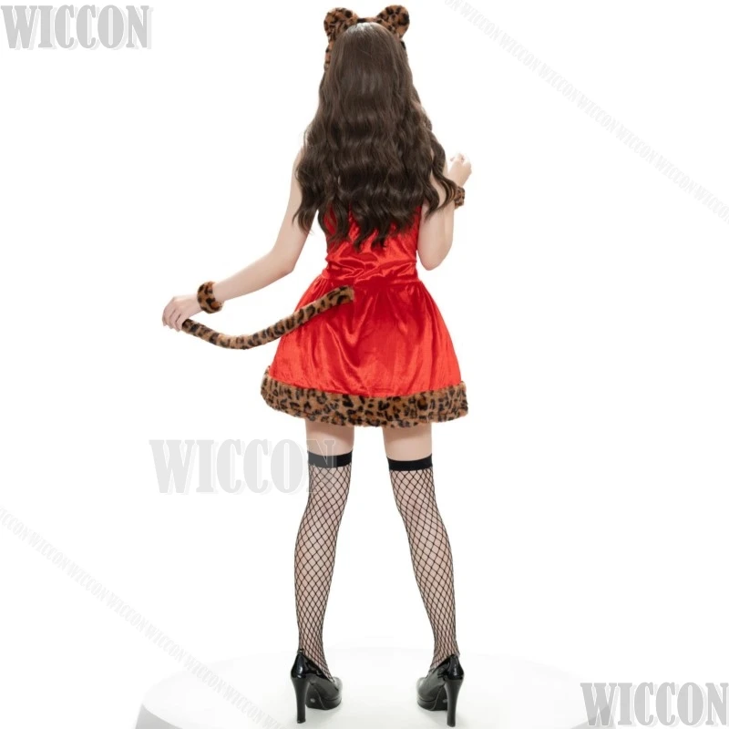 2024 Boże Narodzenie Leopard Print Sexy Red Dress Cosplay Costume Suit Hat Socks Furry Cute Women Girl Halloween Role Play Customized