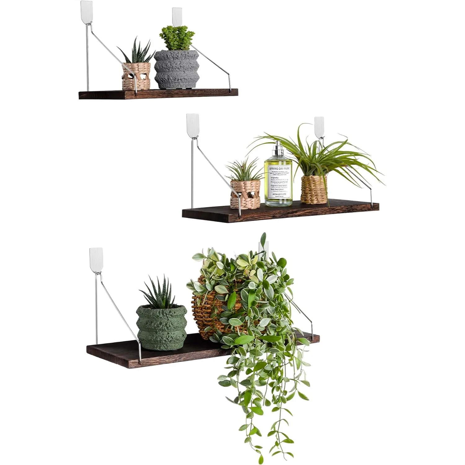 

Floating Shelves Set Of 3 Rustic Solid Wood Wall Storage For Living Room Bedroom Bathroom Kitchen Laundry Office No Drill Shelf Retro Color L+M+S