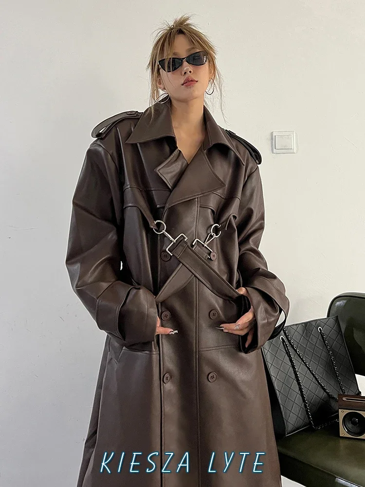 2024 Fashion vintage Street Design Faux Leather Jackets for Women Shoulder Pads Luxury High quality Lace-up PU Long Coats