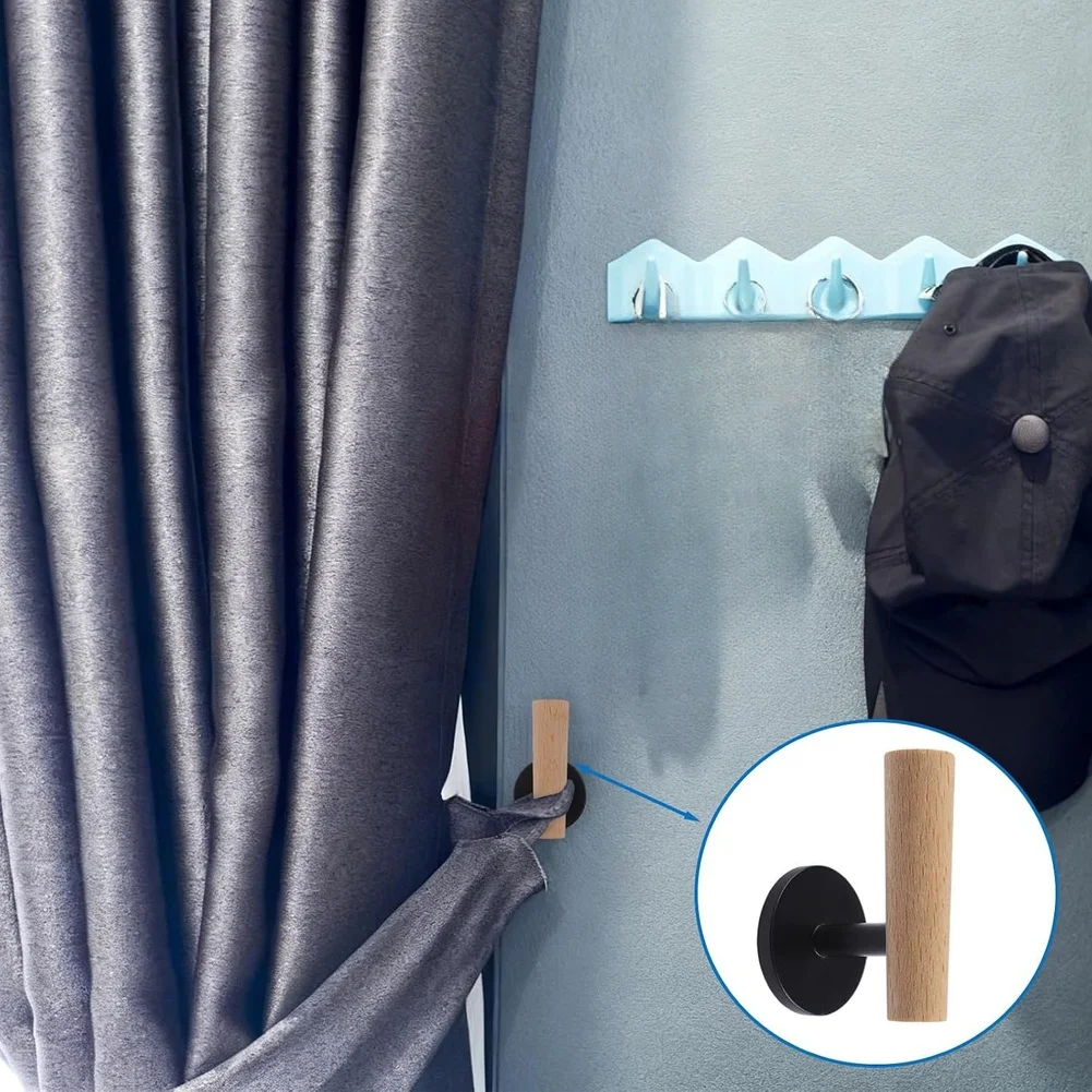 4PCS Wooden Handle Curtain Tie Backs No Drill Metal Core Hook For Living Room Bedroom Window Treatment Hardware Accessories