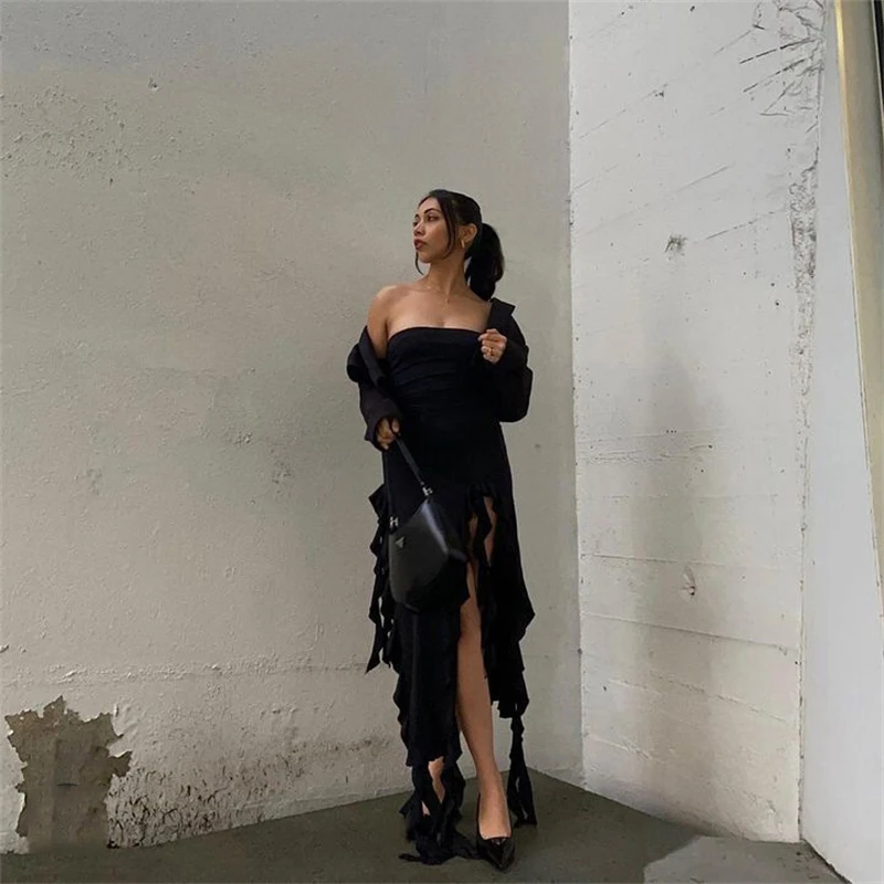 ヨーロッパとアメリカのワンショルダーハイウエストスプリットドレス、セクシーなミドル丈ドレス、無地、スリムフィット、y2k