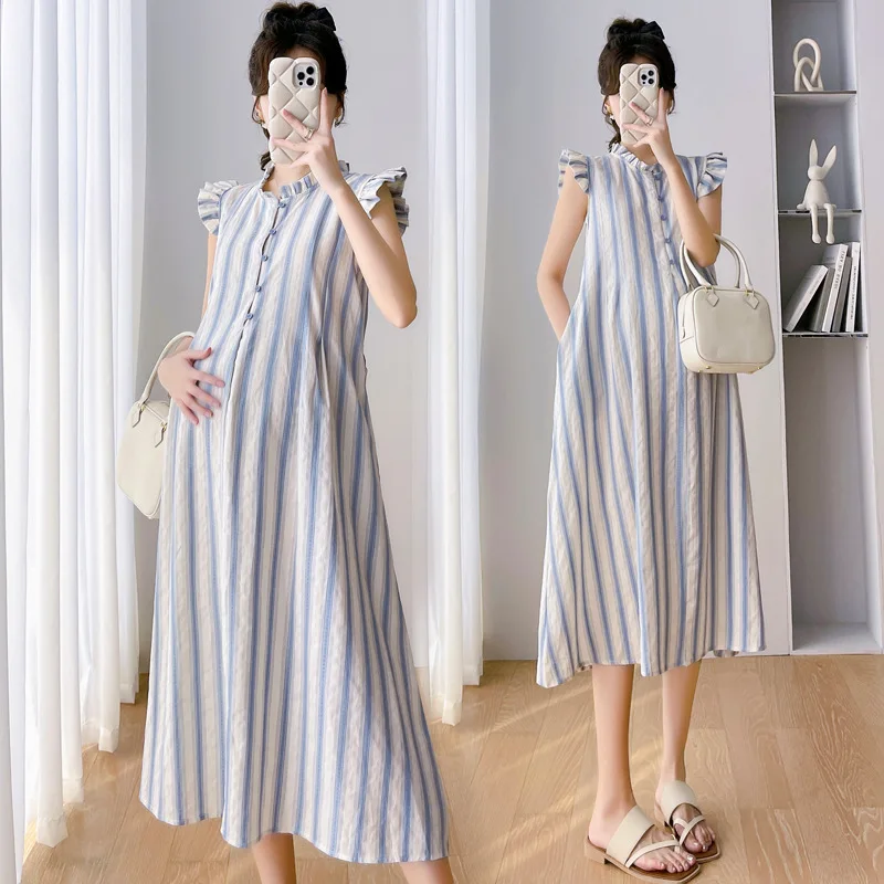 New Pregnant Women's Summer Dress Japanese Striped Small Flying Sleeve Pregnant Mother's Dress A- shaped Mid-length Dress