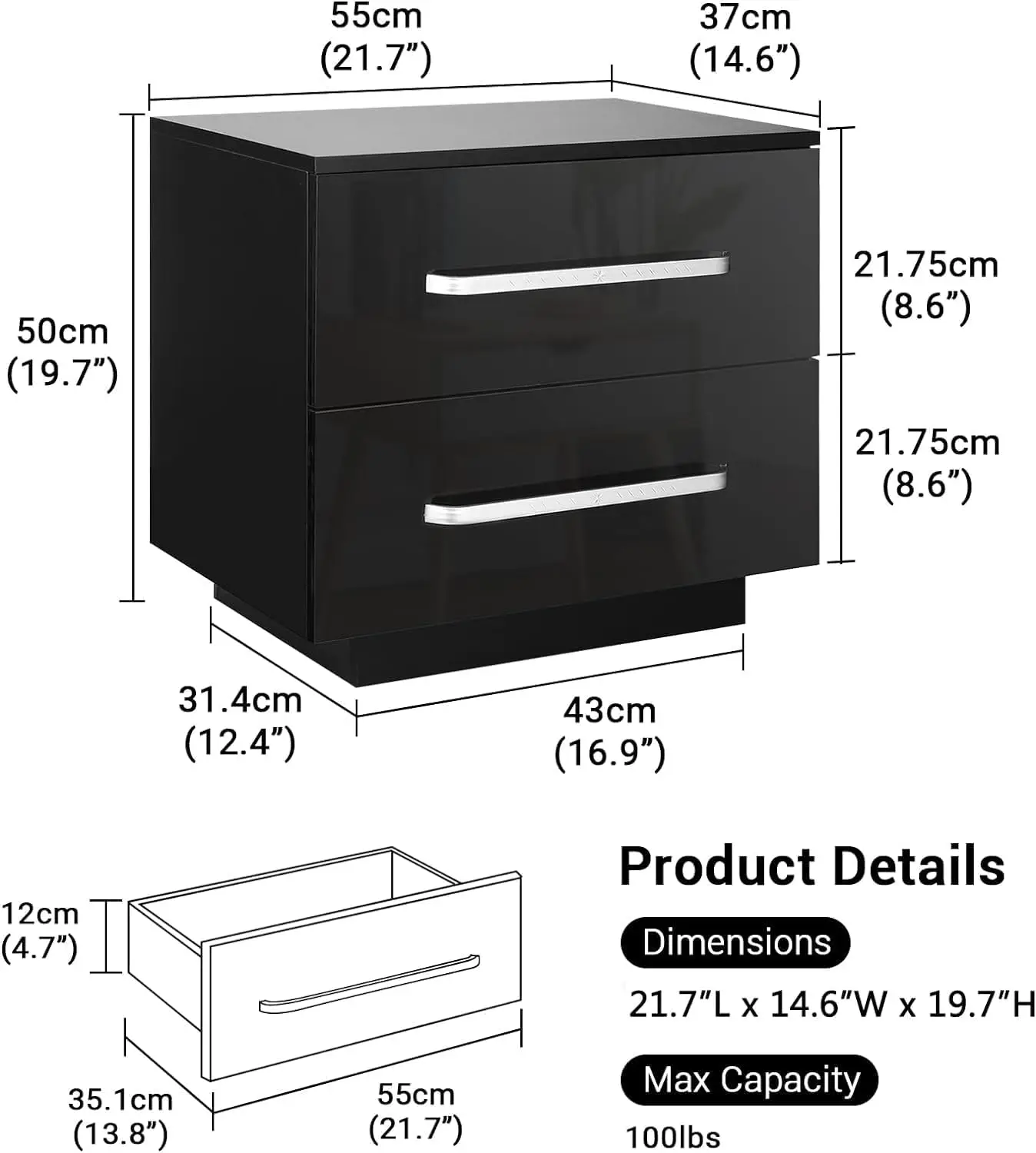 Pequena mesa de cabeceira LED de madeira, Nightstand moderno, Nightstand preto com luzes, 2 gavetas de alto brilho para quarto