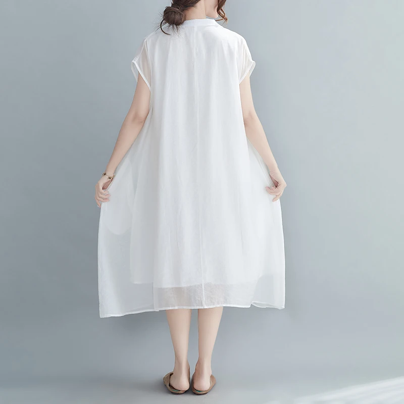 Letnia, duża rozmiarówka, szyfonowa sukienka damska z dekoltem w serek, wyszczuplająca, w jednolitym kolorze, rozkloszowana spódnica, do noszenia na co dzień i do pracy.