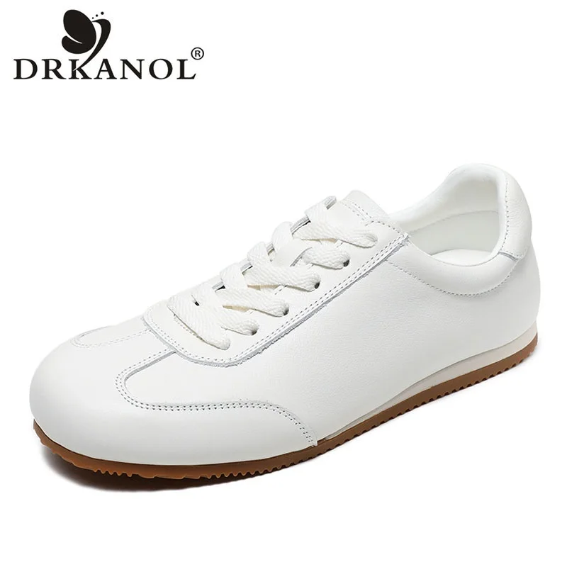 

DRKANOL 2024 Concise Solid Color Genuine Leather Flat Shoes Women Casual Sneakers Lace-Up Comfort Round Toe Board Shoes White