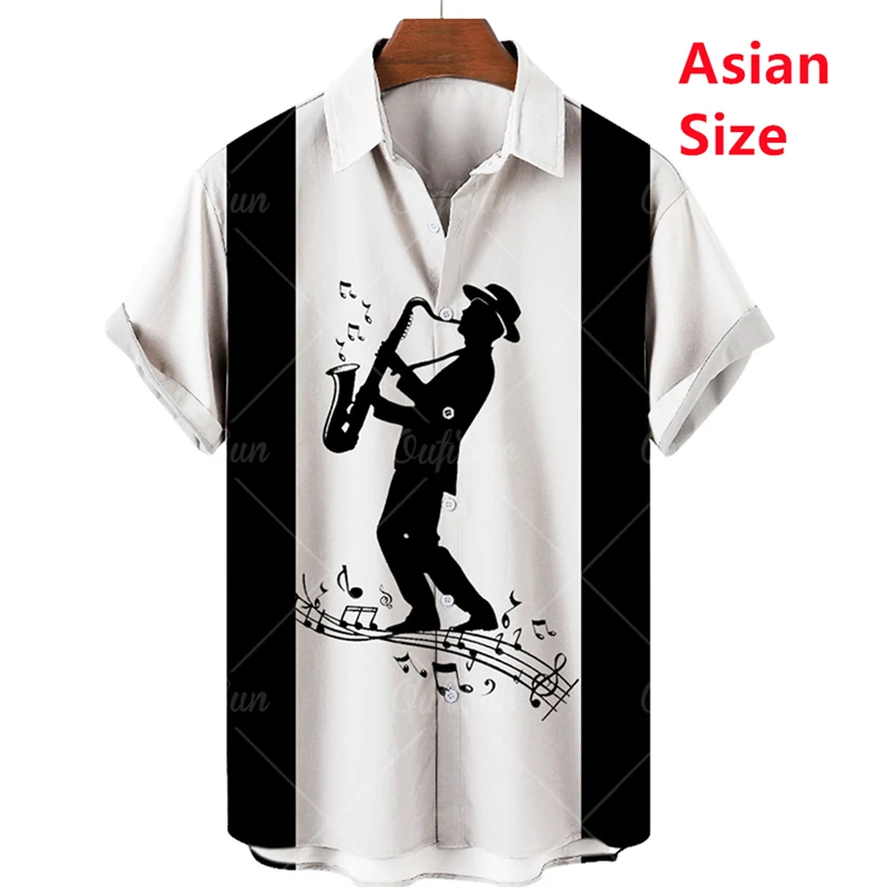 2025 Summer Shirt For Men Hawaiian Short-sleeved T Shirts Musical Note Print Boys Girls Beach Travel Tops Casual Lapel Clothing