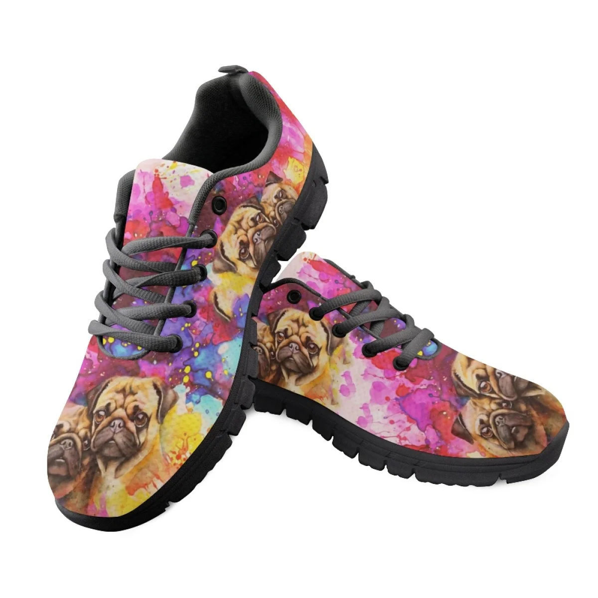 INSTANTARTS Spring Autumn Sneakers French Bulldogs Tie Dye Design Comfort Lace-up Flat Shoes for Women Light Sport Shoes 2024