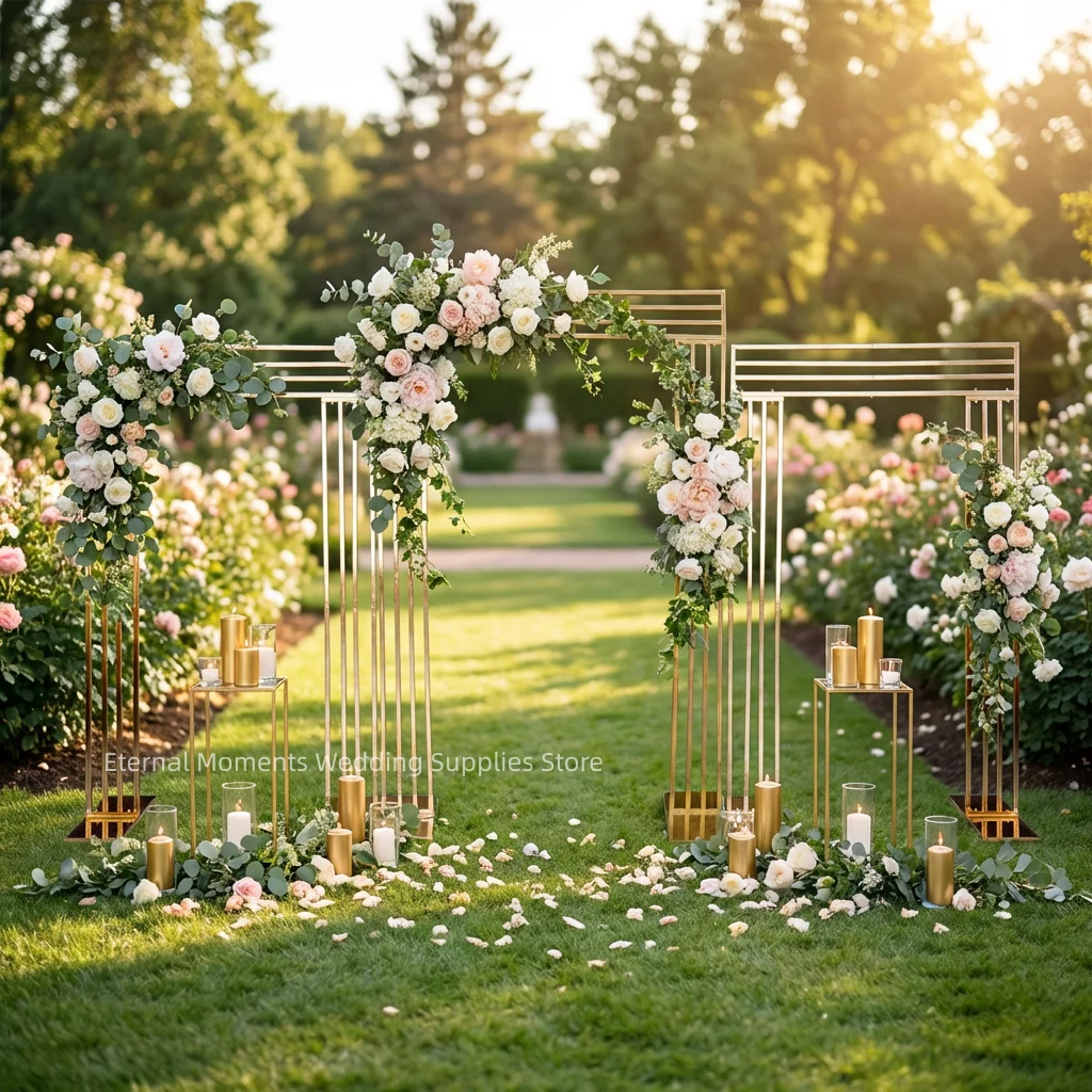 

Elegant 3pcs Gold Wedding Arch Artificial Floral Square Backdrop Stand for Ceremony Reception Stage Decoration