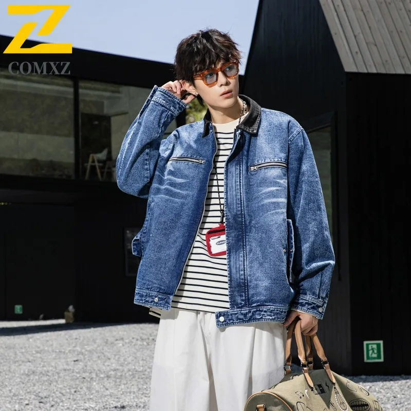 

COMXZ Мужская джинсовая куртка Американская мода Легкое пальто Премиум в стиле хип-хоп Легкая весенне-осенняя мотоциклетная одежда