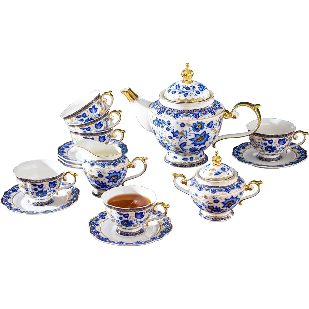 21 Piece Blue and White Porcelain Tea Set, Vintage Floral Tea Sets for Women Tea Party or Gifts Giving