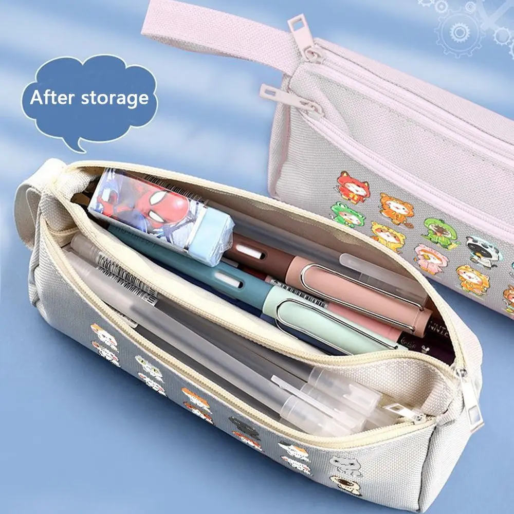 Cute Cartoon Print Pencil Case Portable Large Capacity Makeup Pouch Canvas Double Layered Storage Bag Student Supplies