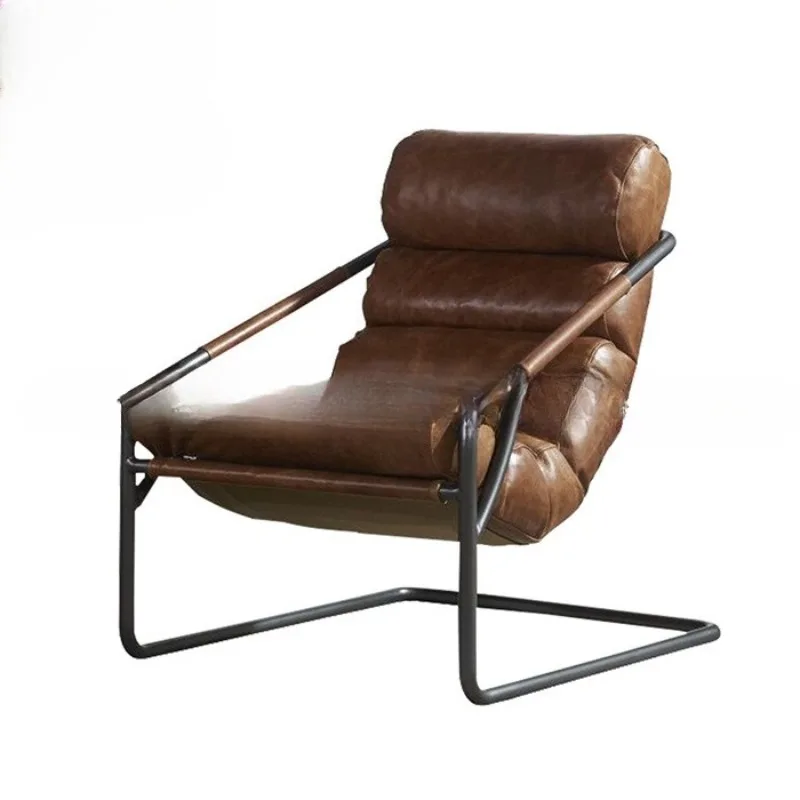 Light luxury retro rotten chair leather sofa chair antique first layer cowhide forged wrought iron armrest single leisure chair