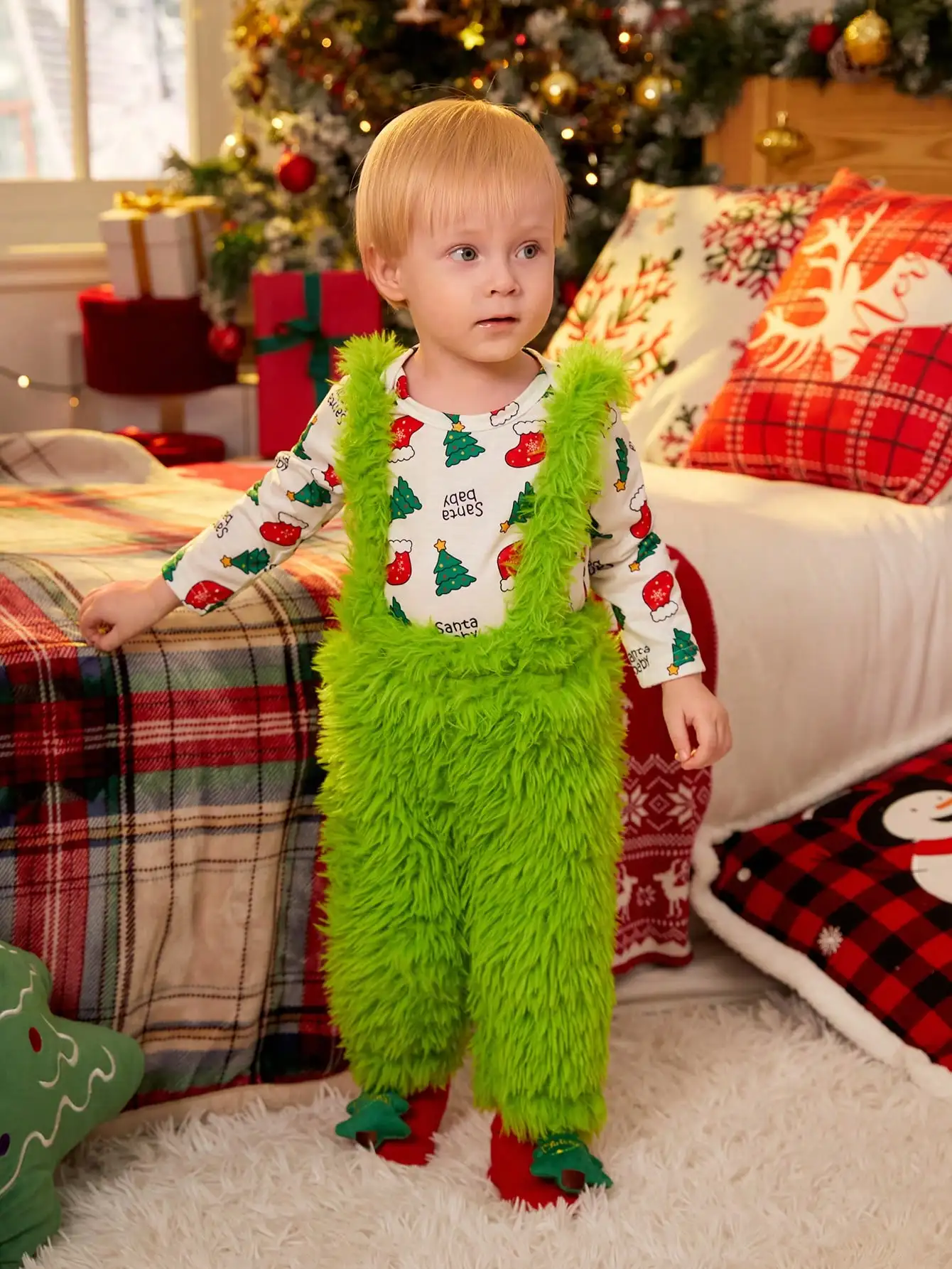 Christmas Holiday Style Boy Baby Fashion Personality Two-Piece Long-Sleeved Christmas Tree Print Jumpsuit + Green Fuzzy Overalls