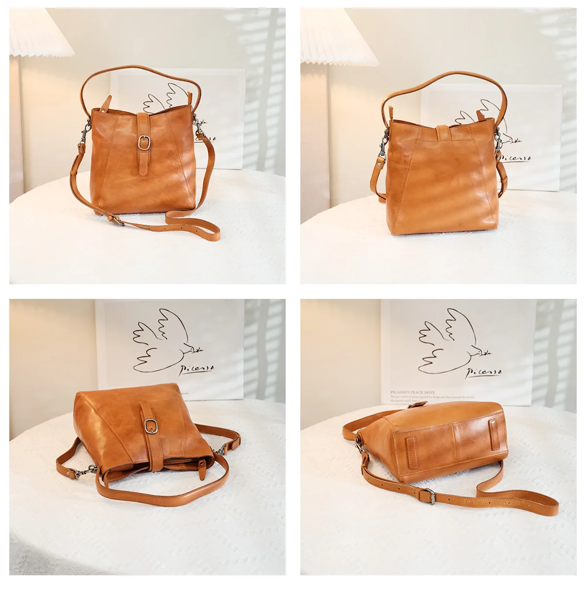 casual vintage organizer handmade vegetable tanned cowhide handbag daily commuting work genuine leather shoulder crossbody bag
